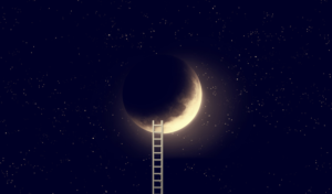 Continuous improvement examples metaphor - an image of a tall ladder leaning against the Moon