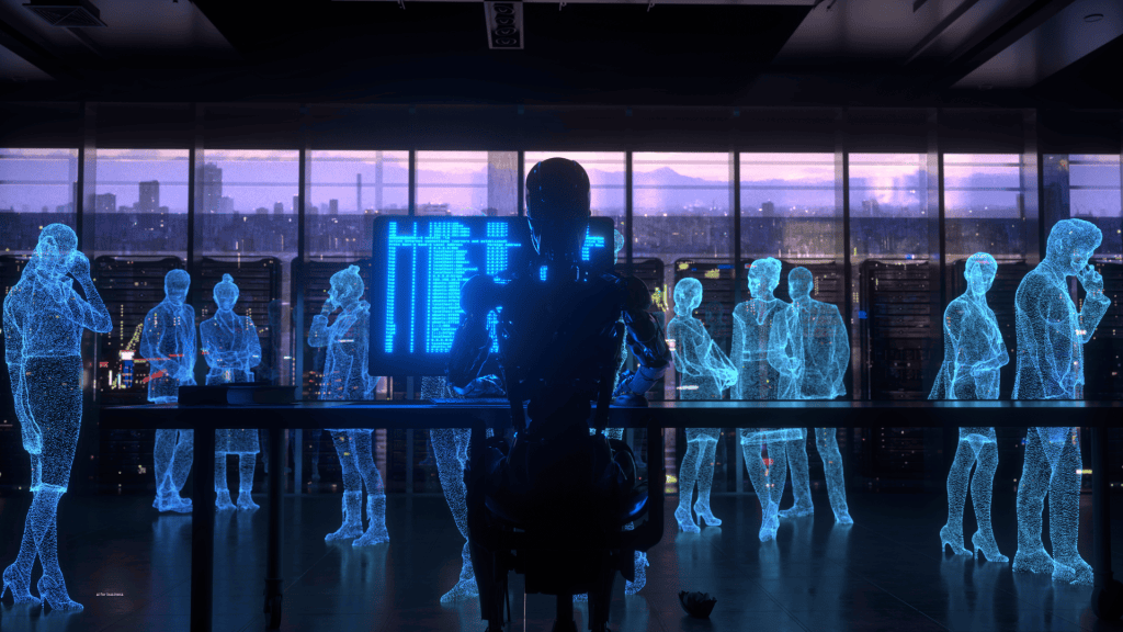 AI figure working at computer with holographic business people, symbolizing AI in business strategy