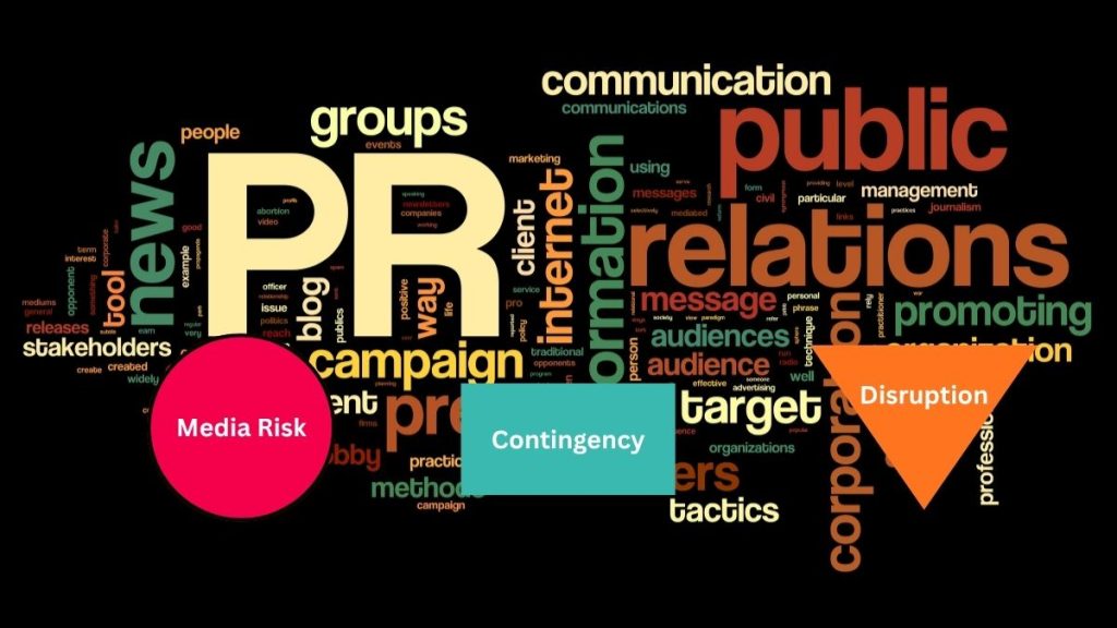 Media and events risk management concept with PR background and icons for media risk, contingency, and disruption.