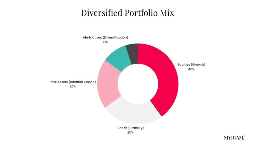 Donut chart showing a diversified portfolio mix: 40% equities, 25% bonds, 20% real assets, 10% alternatives, 5% cash.