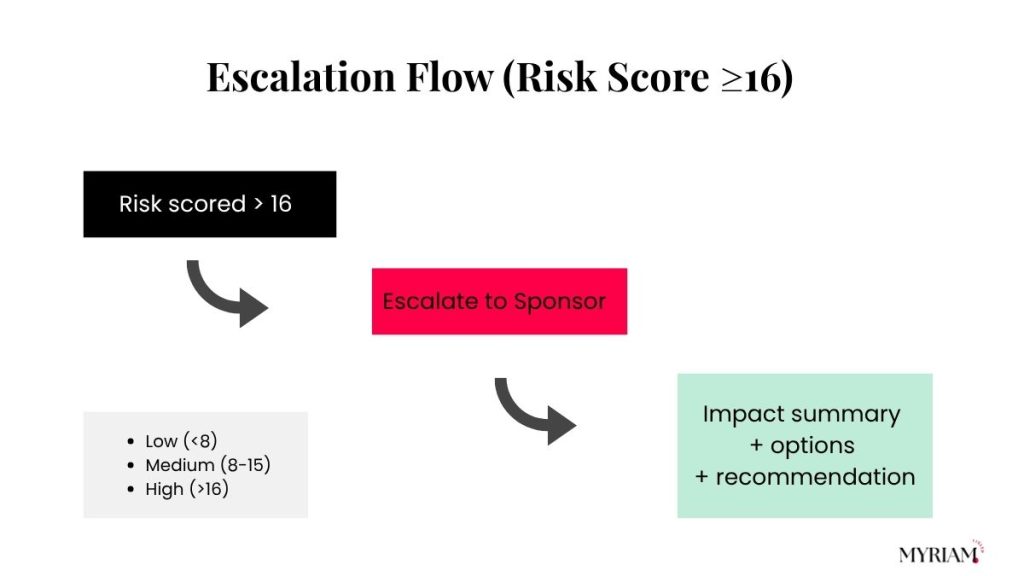 Escalation flow chart showing project risks scored above 16 are escalated to the sponsor within 24 hours, with impact summary, options, and recommendations.