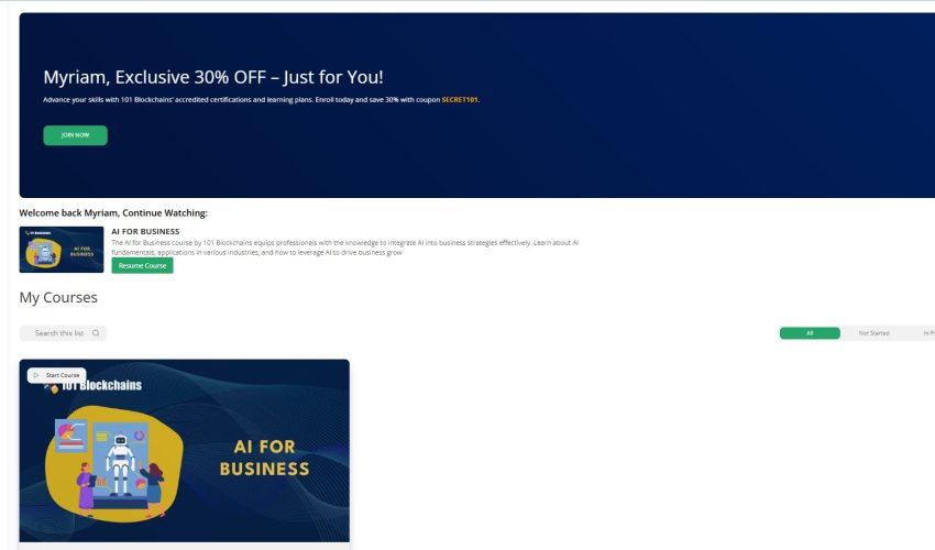 101 Blockchains AI for Business course dashboard showing Resume Course button and left-hand navigation links such as Flashcards and Certifications.
