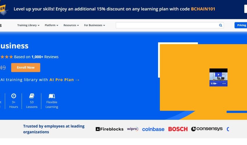 101 Blockchains AI for Business course pricing page showing $149 list price reduced to $99 with Enroll Now button.