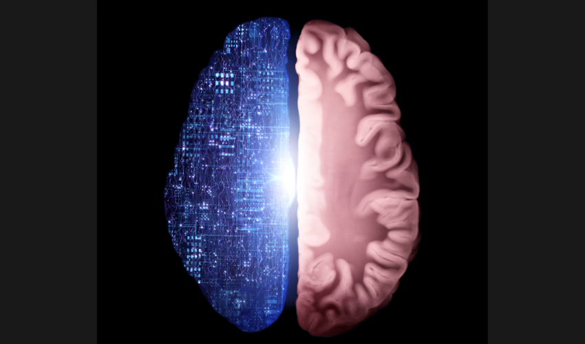 A human brain juxtaposed with a complex network of gears, indicating the integration of AI and humans in project management.