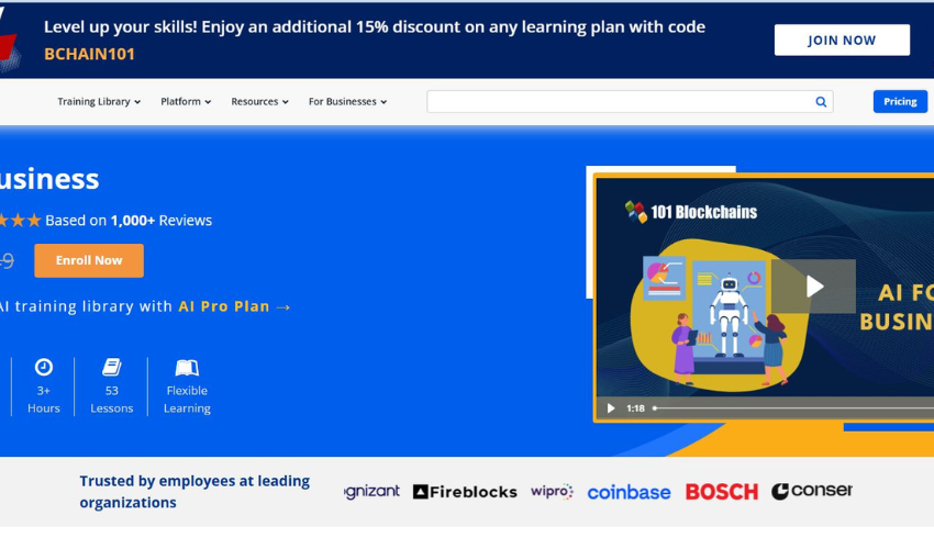Screenshot of the AI for Business course page by 101 Blockchains