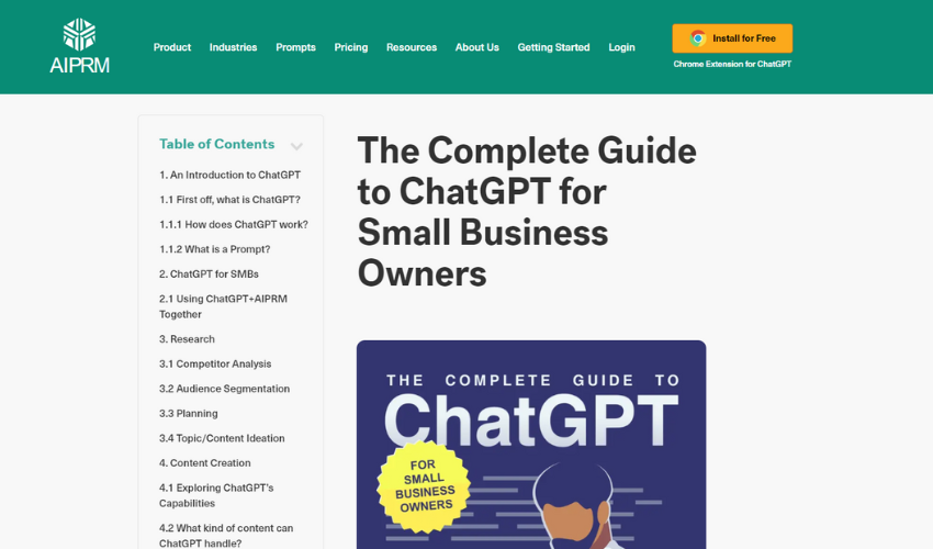 Homepage image displaying 'The Complete Guide to ChatGPT for Small Business Owners' by AIPRM, featuring aa table of content.