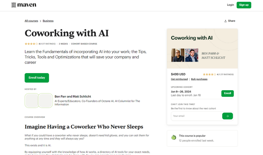 Homepage for Coworking with AI by Maven, displaying the course title, detailed information, and photos of the two instructors