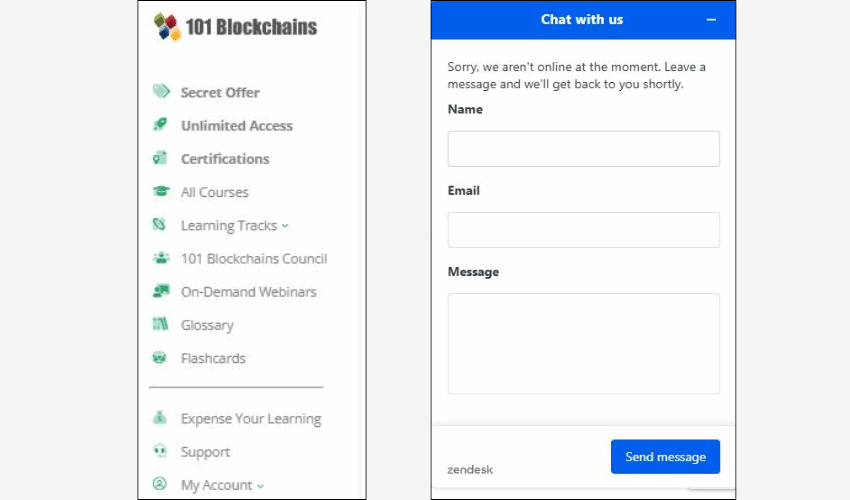 : 101 Blockchains AI for Business support options: in-dashboard link and Zendesk contact form for messaging the support team.