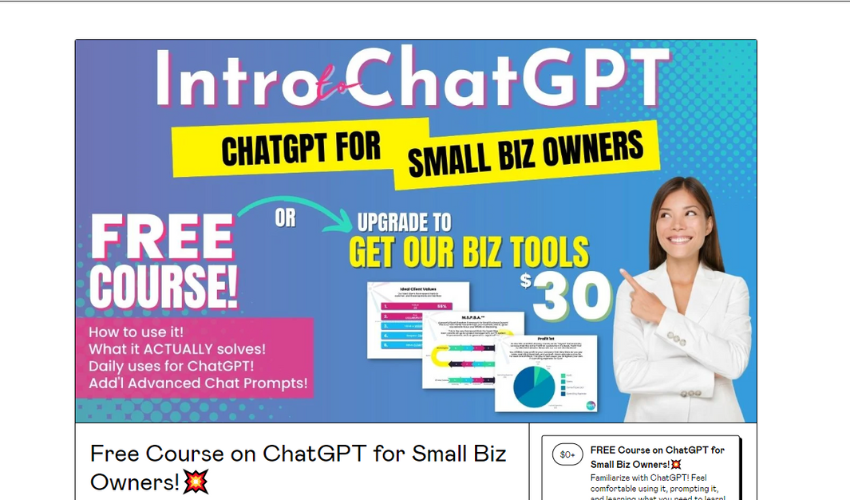 Homepage banner for ChatGPT for Small Biz Owners by Grant Sparks, featuring a smiling woman pointing at the course name with icons for free and paid courses