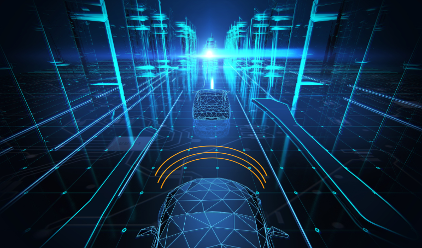 an image of a self-driving car navigating through a futuristic city.