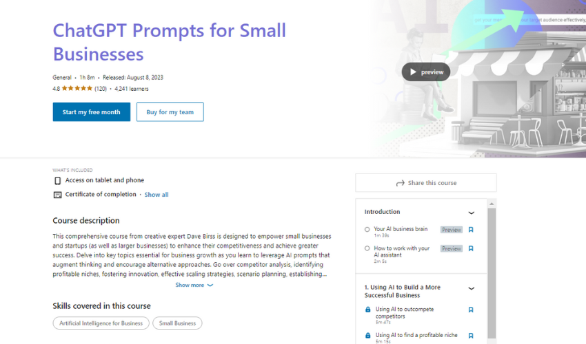 Homepage of ChatGPT Prompts for Small Businesses by LinkedIn, featuring the course title over a backdrop of a cozy café terrace