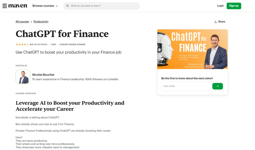 Homepage of ChatGPT for Finance by Maven, featuring a robot on the left, the teacher on the right, and the course title in the middle over an orange backdrop