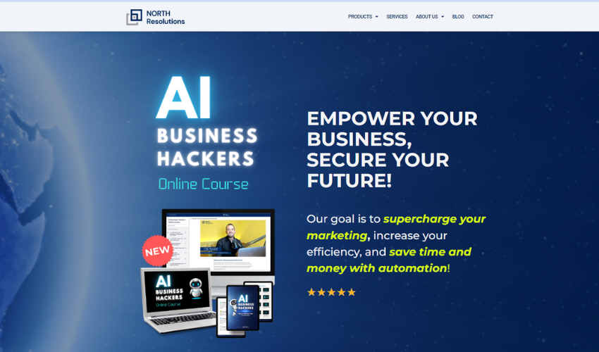 Homepage banner of AI Business Hackers Online Course featuring futuristic AI graphics and course title