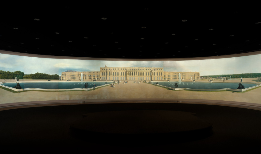 virtual reality history - Panoramic View of the Palace and Gardens of Versailles as an example of what a panoramic painting would have felt like