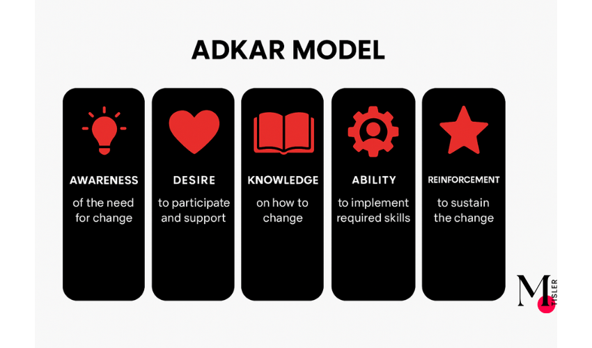 A colorful vector infographic diagram illustrating the five stages of the ADKAR Model in Prosci Change Management: Awareness, Desire, Knowledge, Ability, and Reinforcement