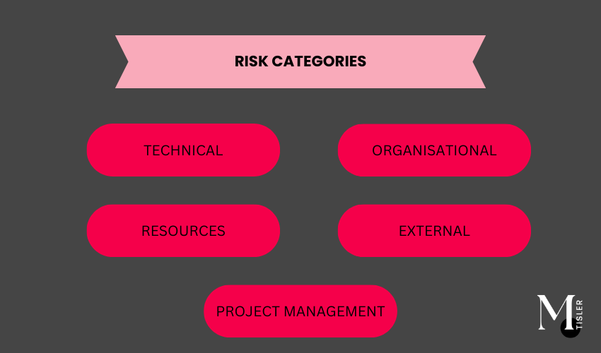 Diagram of risk categories including Technical, Organizational, Resources, External, and Project Management representing the common risk categories in project risk management.