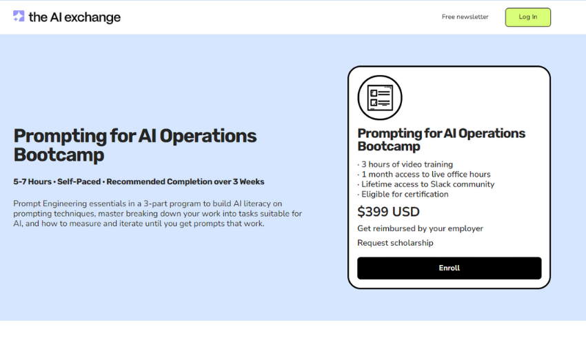 "Homepage banner for Prompting for AI Operations Bootcamp, showcasign course title, soem course information and price.