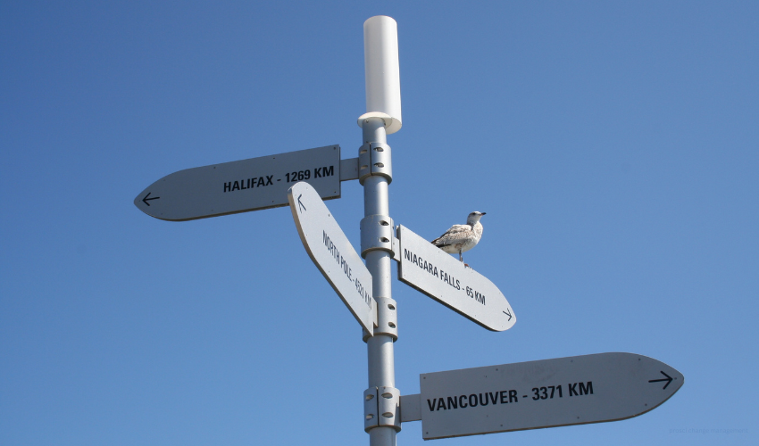 Road with milestones indicators to other towns symbolizing the structured and guided approach of Prosci Change Management.