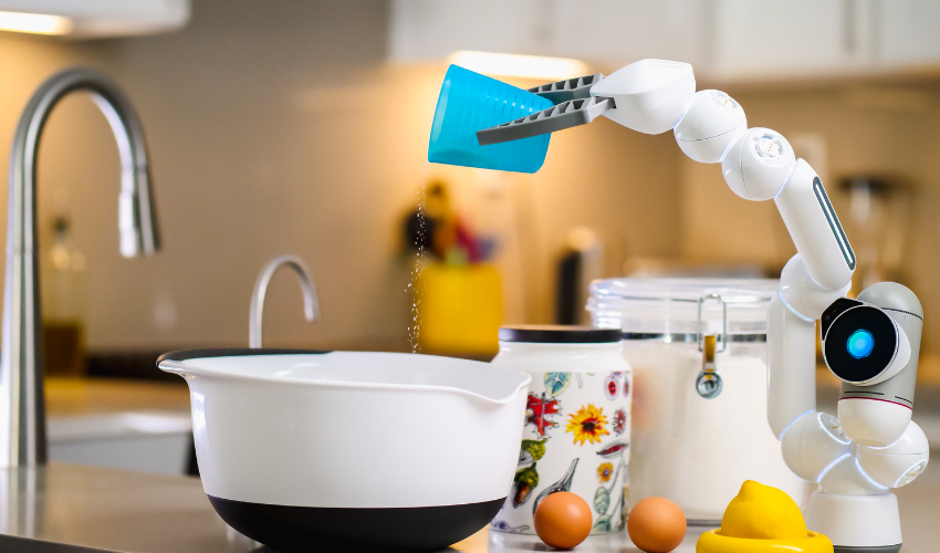 a robotic arm making a cake at home.