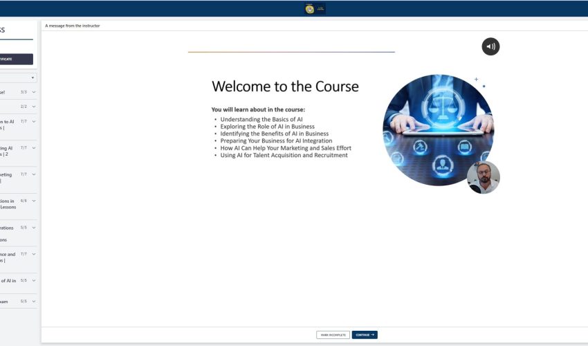 Expanded module list in the 101 Blockchains AI for Business course dashboard with lesson titles visible in the left sidebar.