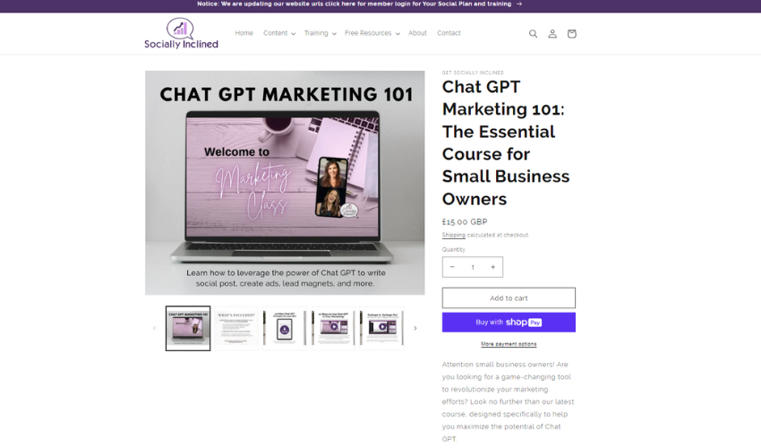 Homepage for Chat GPT Marketing 101: The Essential Course for Small Business Owners by Socially Inclined, featuring a laptop screen with course details and a mobile phone displaying the two instructors