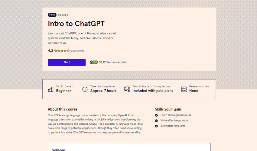 "Homepage for Intro to ChatGPT by Codecademy, featuring a peach ad grey-colored backdrop with the course title and detailed information