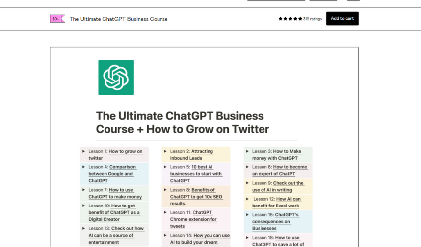 Homepage banner for The Ultimate ChatGPT Business Course by Don Bader, featuring a Chatgpt icon and the course table of content.