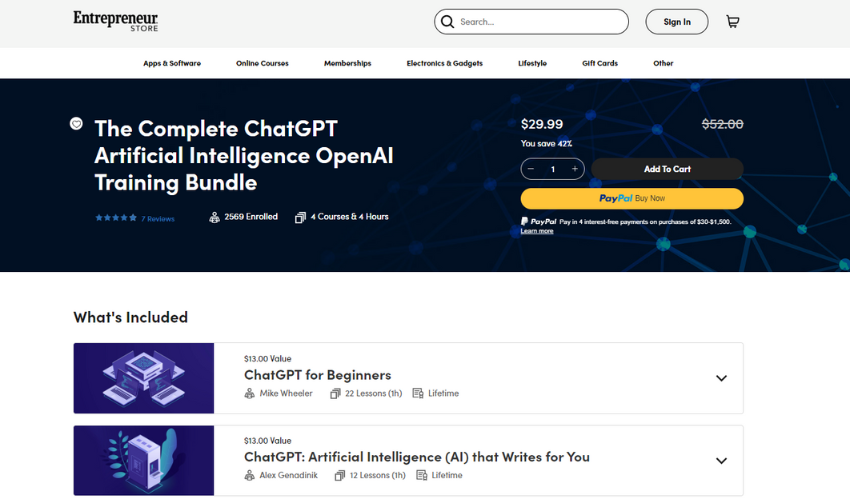 Homepage for The Complete ChatGPT Artificial Intelligence OpenAI Training Bundle by Entrepreneur Store, featuring a navy backdrop with network shapes, course title, and syllabus snippet