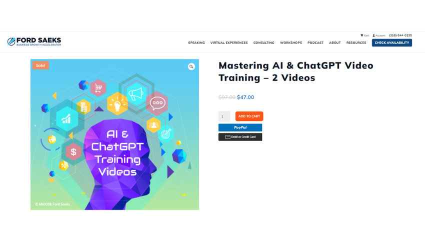 Homepage for Mastering AI & ChatGPT by Ford Saeks, featuring a sideways face with the course title and diverse icons surrounding it
