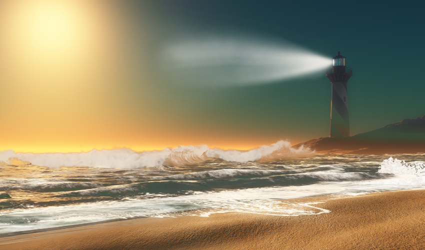 A lighthouse guiding ships through turbulent waters, representing stability in change management.