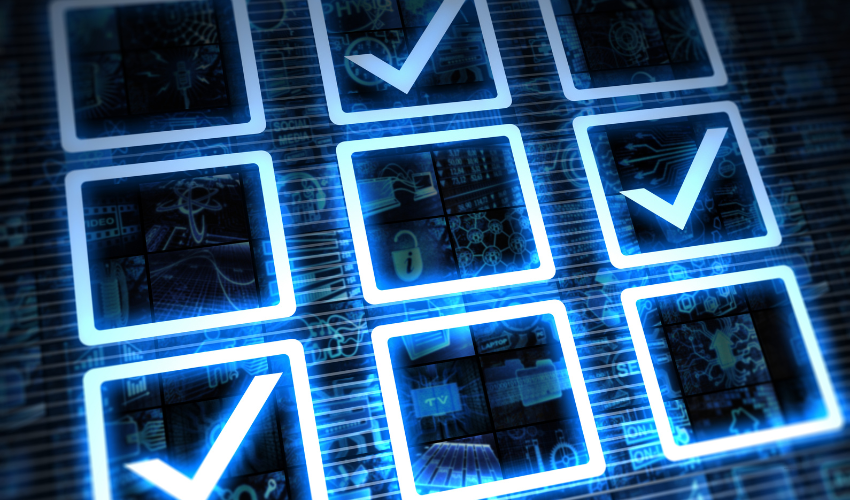 Digital checklist with glowing checkmarks representing the hierarchical organization of risks in a Risk Breakdown Structure (RBS)