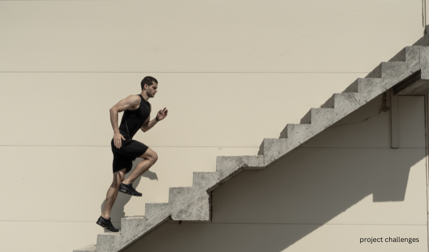 a sportsman running up the stairs to represent project challenges.
