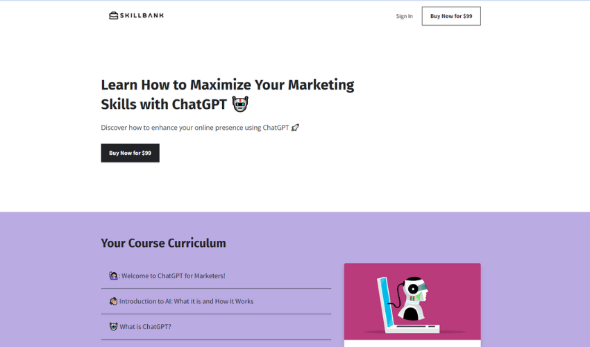 Homepage of Chat-GPT for Marketers by SkillBank Original, featuring the course title and details over a purple and pink background, with a small image of a robot profile connected to a laptop