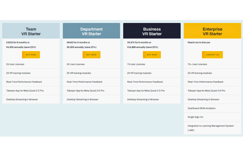 an image of talespin pricing table.