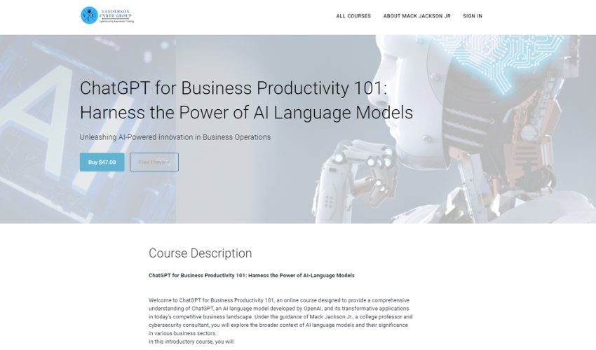 Homepage of ChatGPT for Business Productivity 101 by Vanderson Cyber Group, featuring a sideways image of a thinking robot, the word 'AI', along with the course title and description